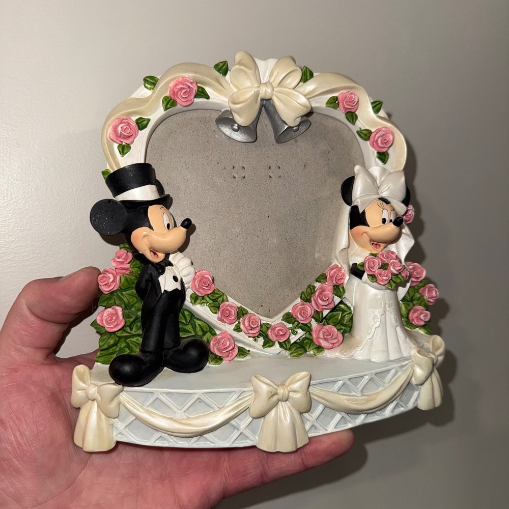 Disney Mickey Minnie Mouse Wedding Heart Picture Frame Pink Roses Bridal Tuxedo